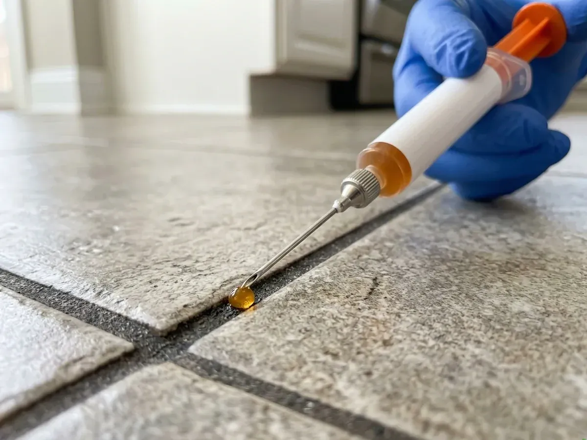 Applying Pest Defence Cockroach Bait Gel inside a kitchen cabinet crevice